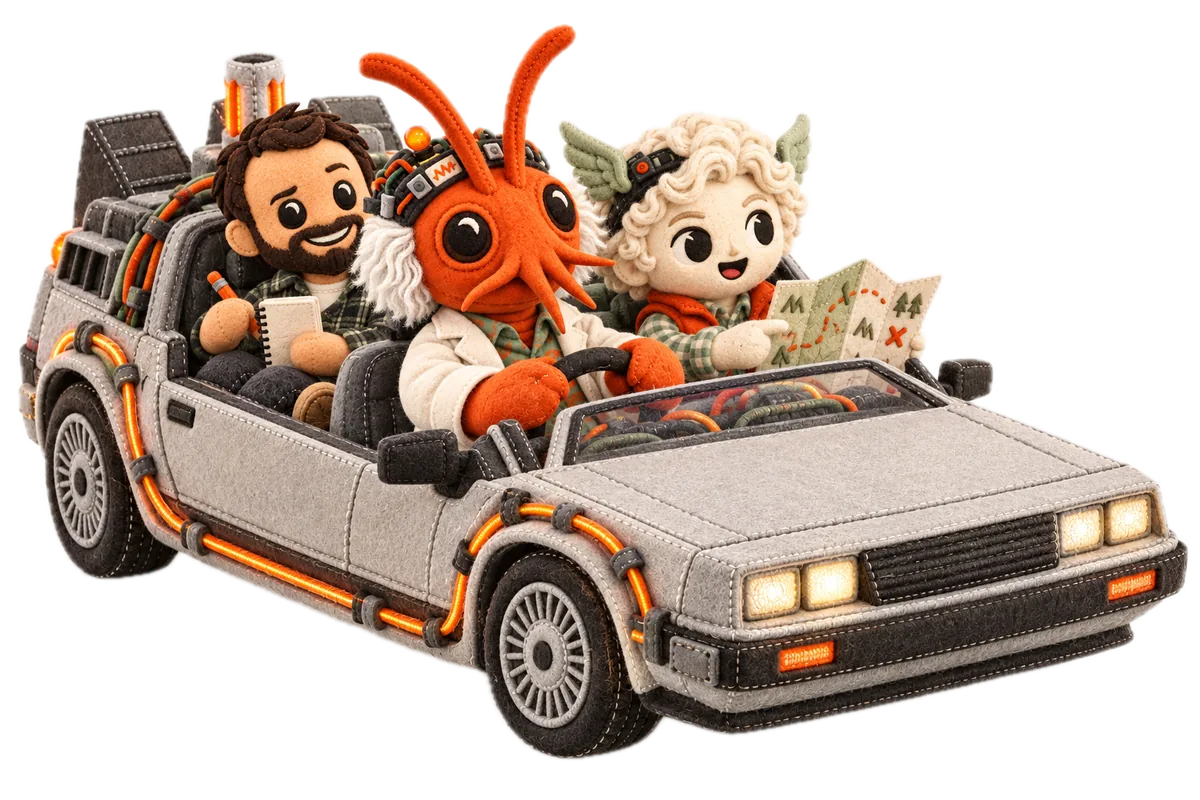 Plush Clawc and Hermy in the front seats of a playful silver time car, with plush Aaron in the back seat